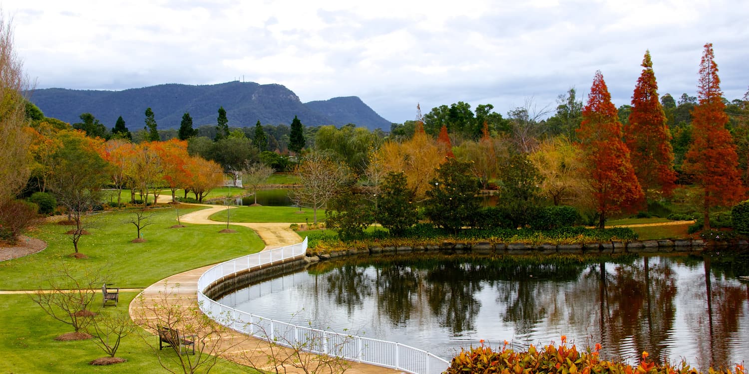 Herbstbäume an einem See in den Hunter Valley Gardens, dahinter die Brokenback Range